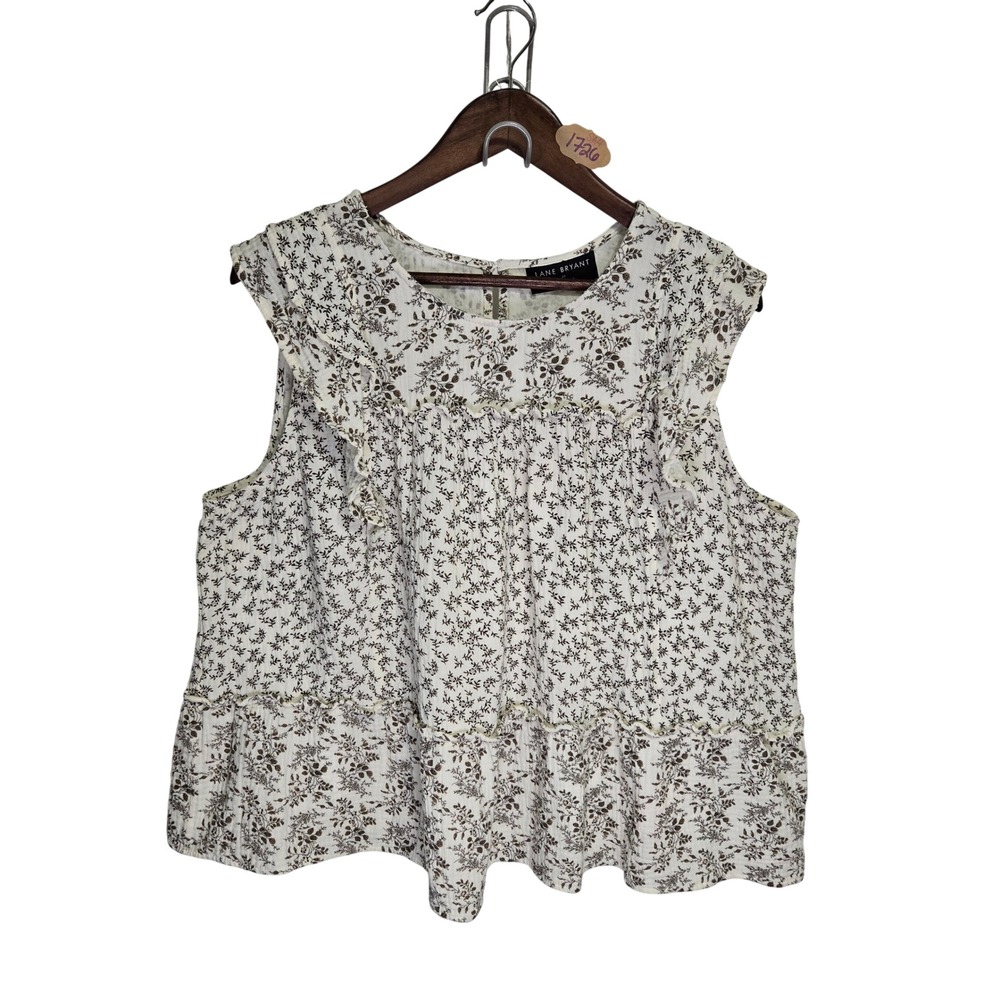 Lane Bryant Womens 20 White Brown Floral Ruffle Tiered Cotton Sleeveless Blouse